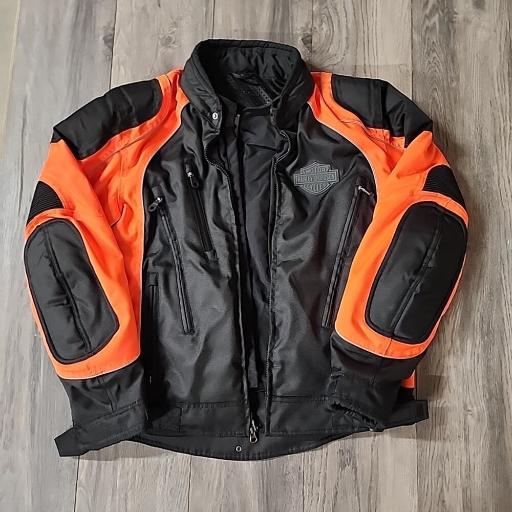 Harley Davidson ORANGE AND BLACK TEXTILE MOTORCYCLE JACKET Size Large - Picture 1 of 5